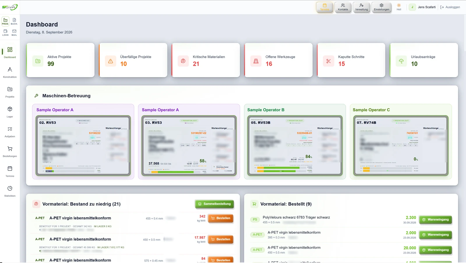 ClawDash — ERP dashboard for thermoforming operations, developed by Scafa Investment LLC