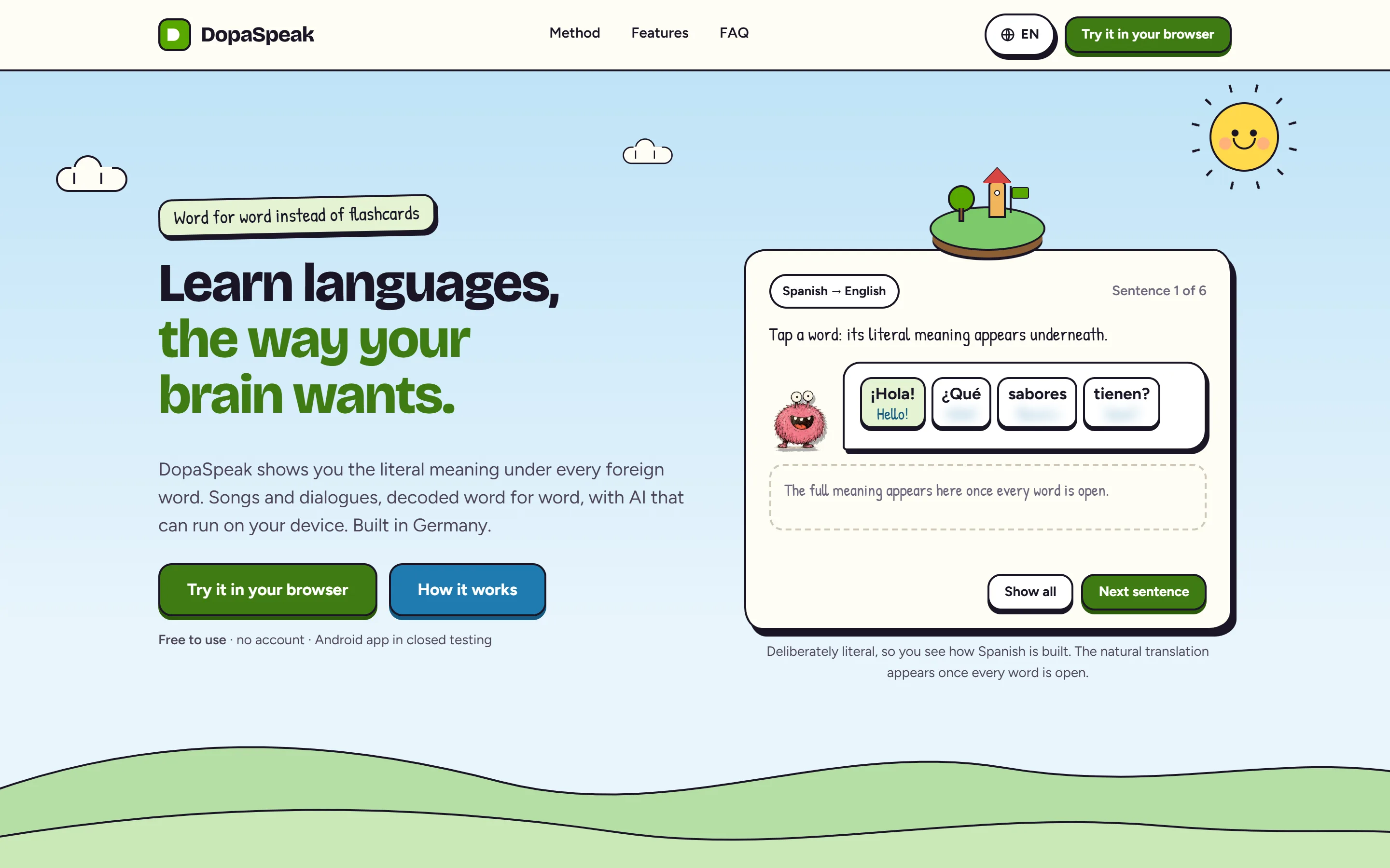 dopaspeak.com — language learning app with word-by-word decoding, developed by Scafa Investment LLC
